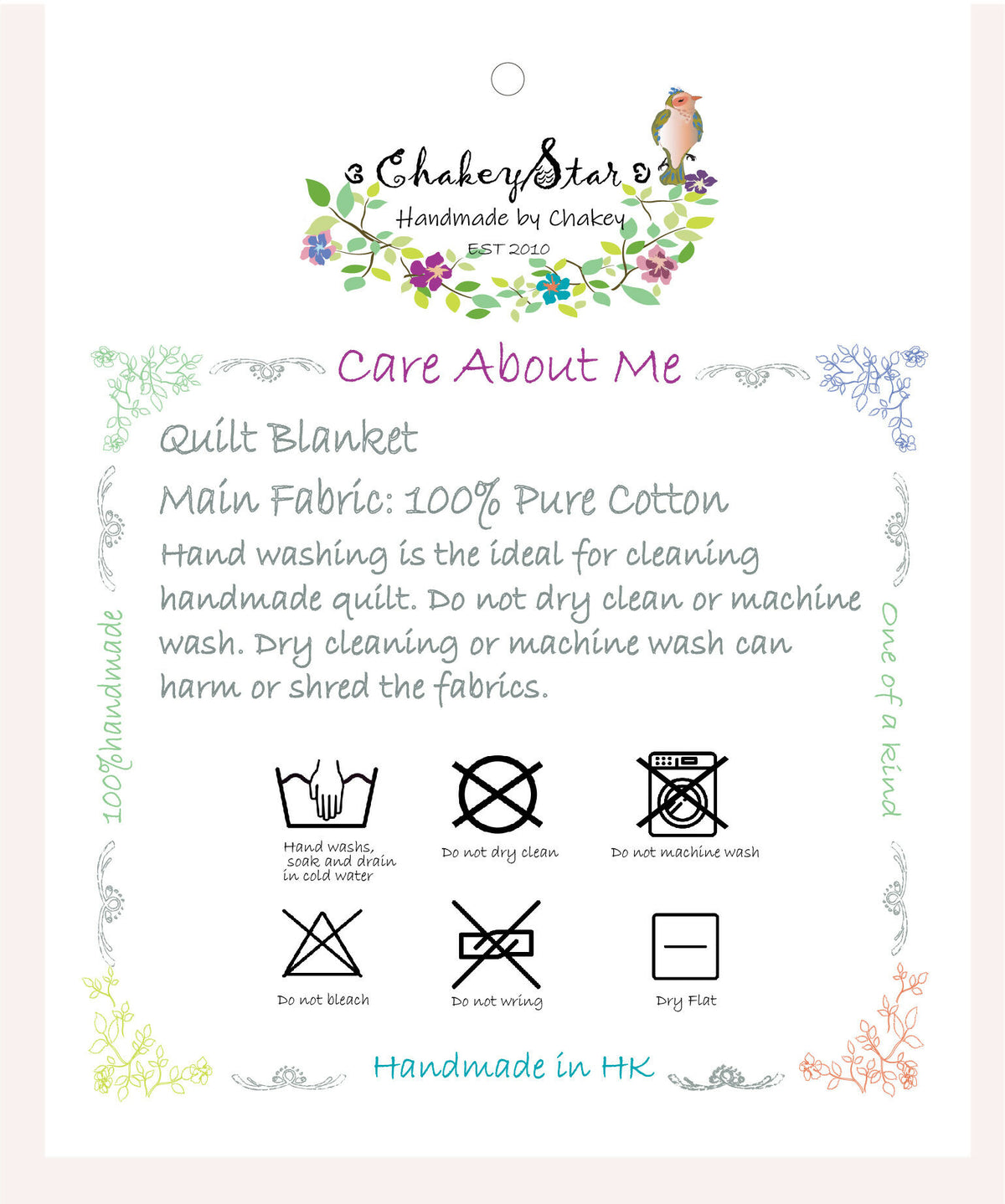 Quilted blanket care label 