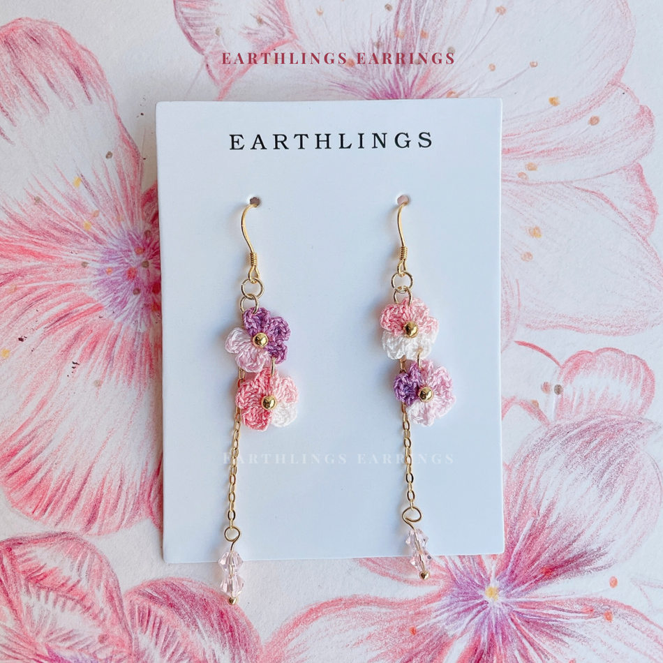 雙層手織花銀鍊水晶耳環 Crochet Blossom Bliss Earrings (Double + Crystal)