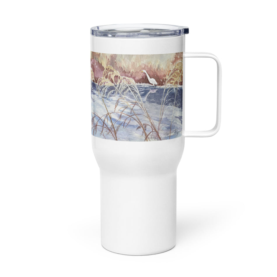 Shoreline Wetland with an Egret travel mug with a handle