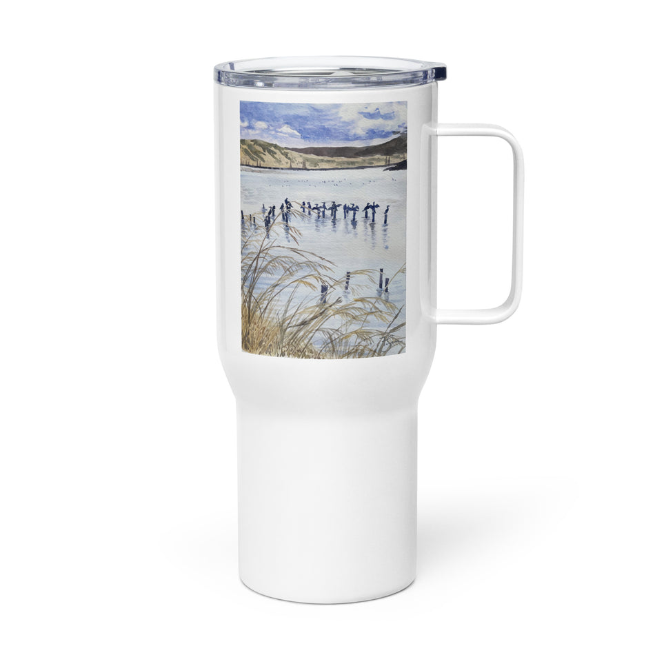 Shoreline Wetland with Cormorants travel mug with a handle