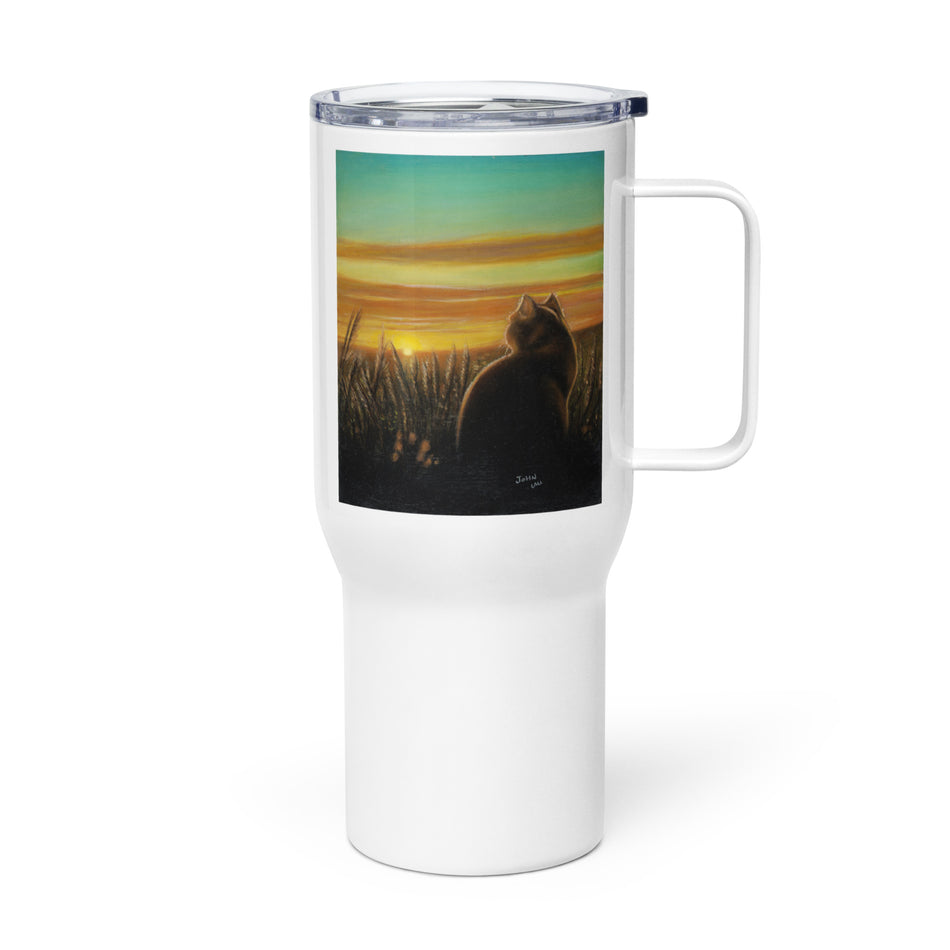 Cat Sunset travel mug with a handle