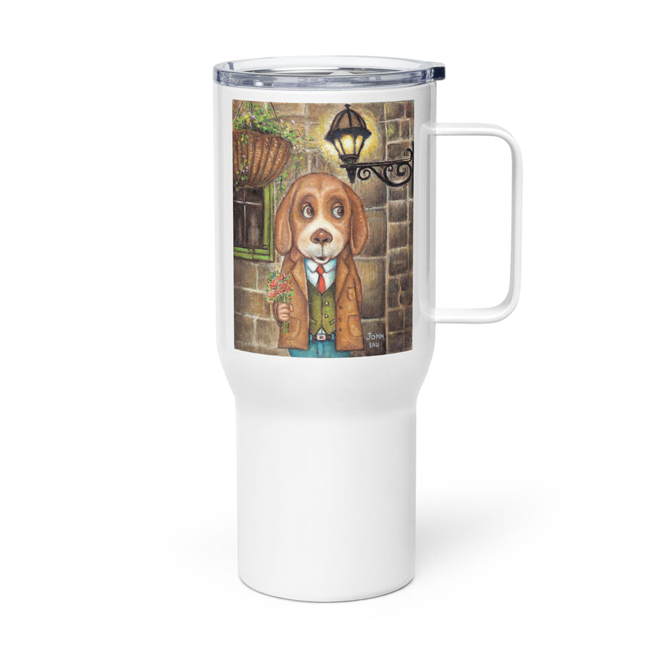 Dog Flowers travel mug with a handle