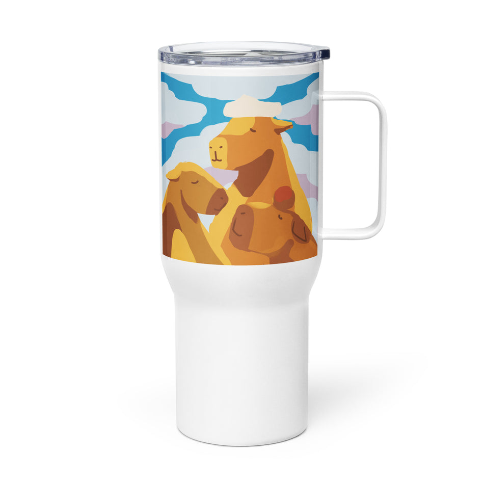 Capybara Bath travel mug with a handle