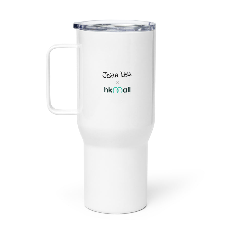 Dog Flowers travel mug with a handle