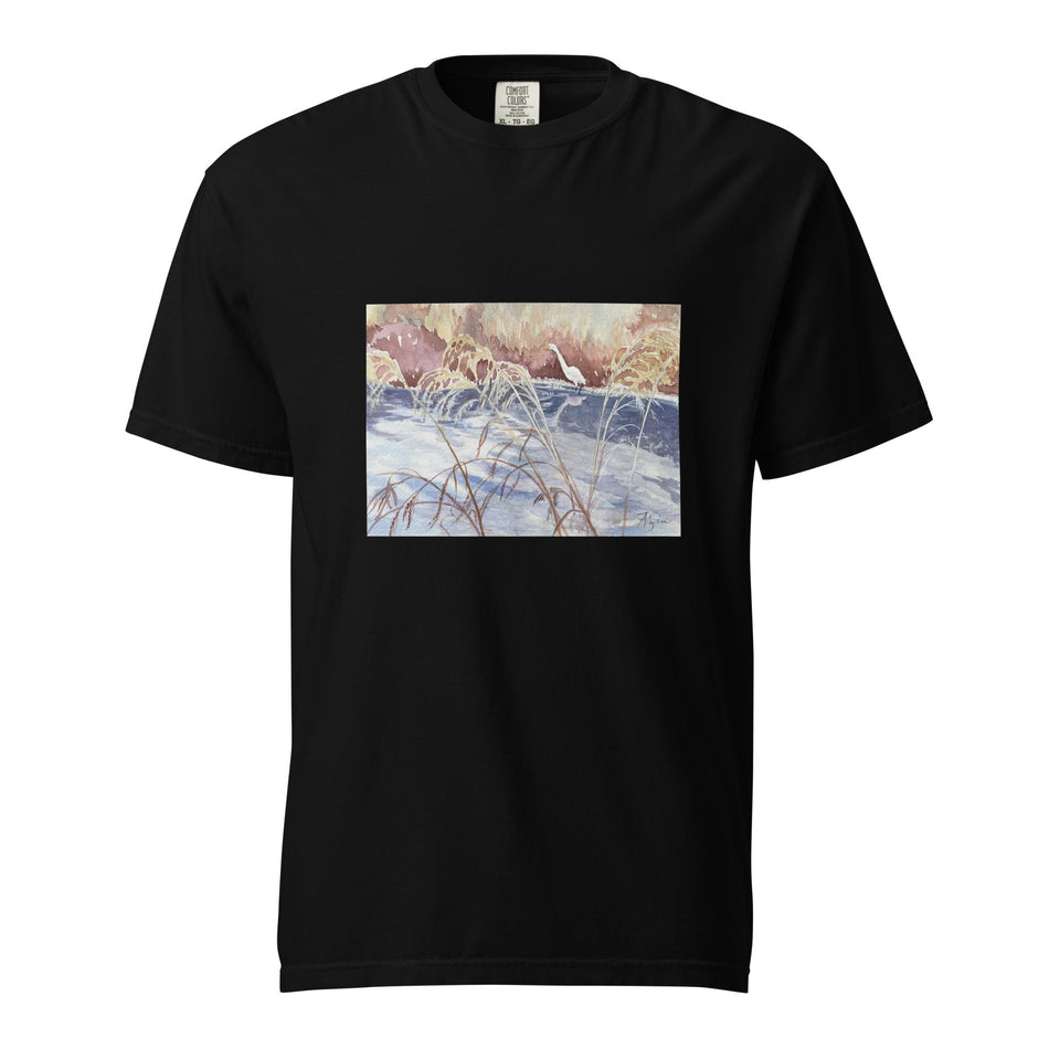 Shoreline Wetland with an Egret Unisex garment-dyed heavyweight t-shirt