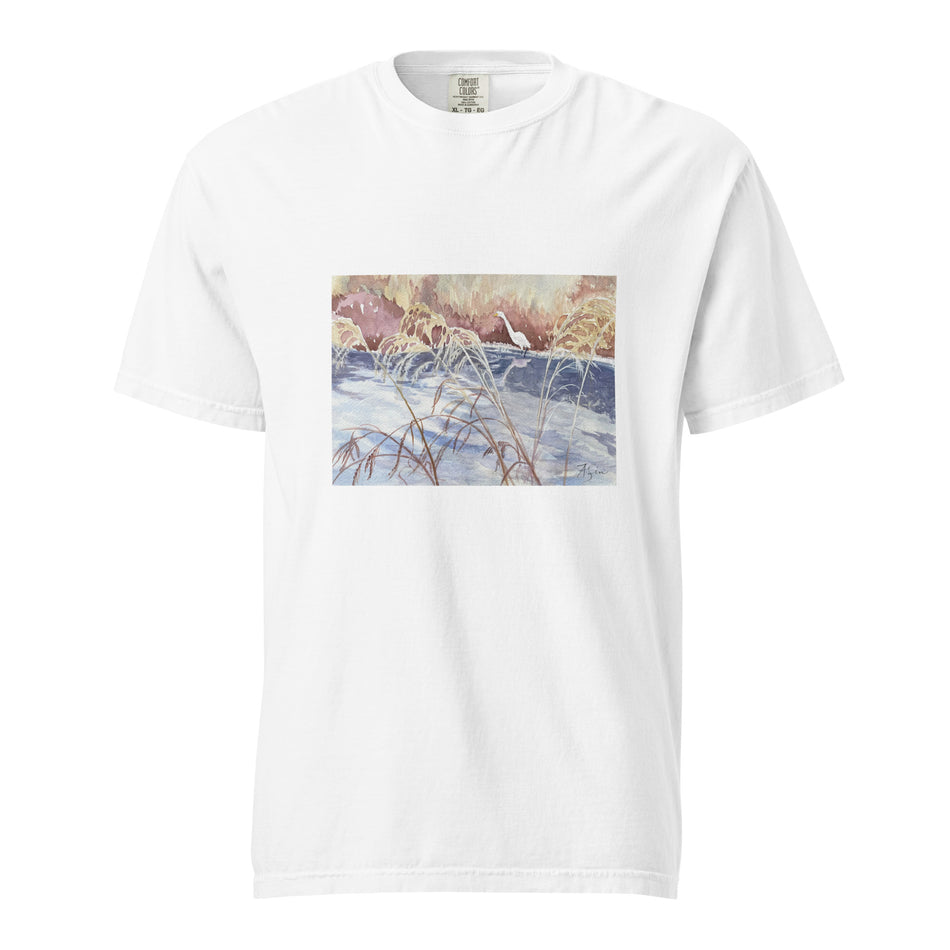 Shoreline Wetland with an Egret Unisex garment-dyed heavyweight t-shirt