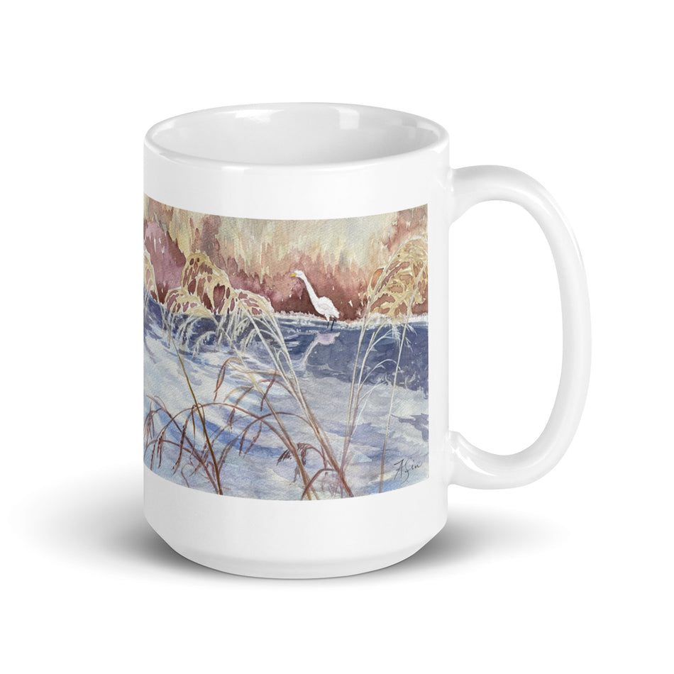 Shoreline Wetland with an Egret white glossy mug